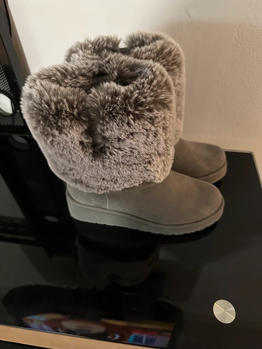 Amazon Women's Gray Faux Fur Cuff Ankle Booties
